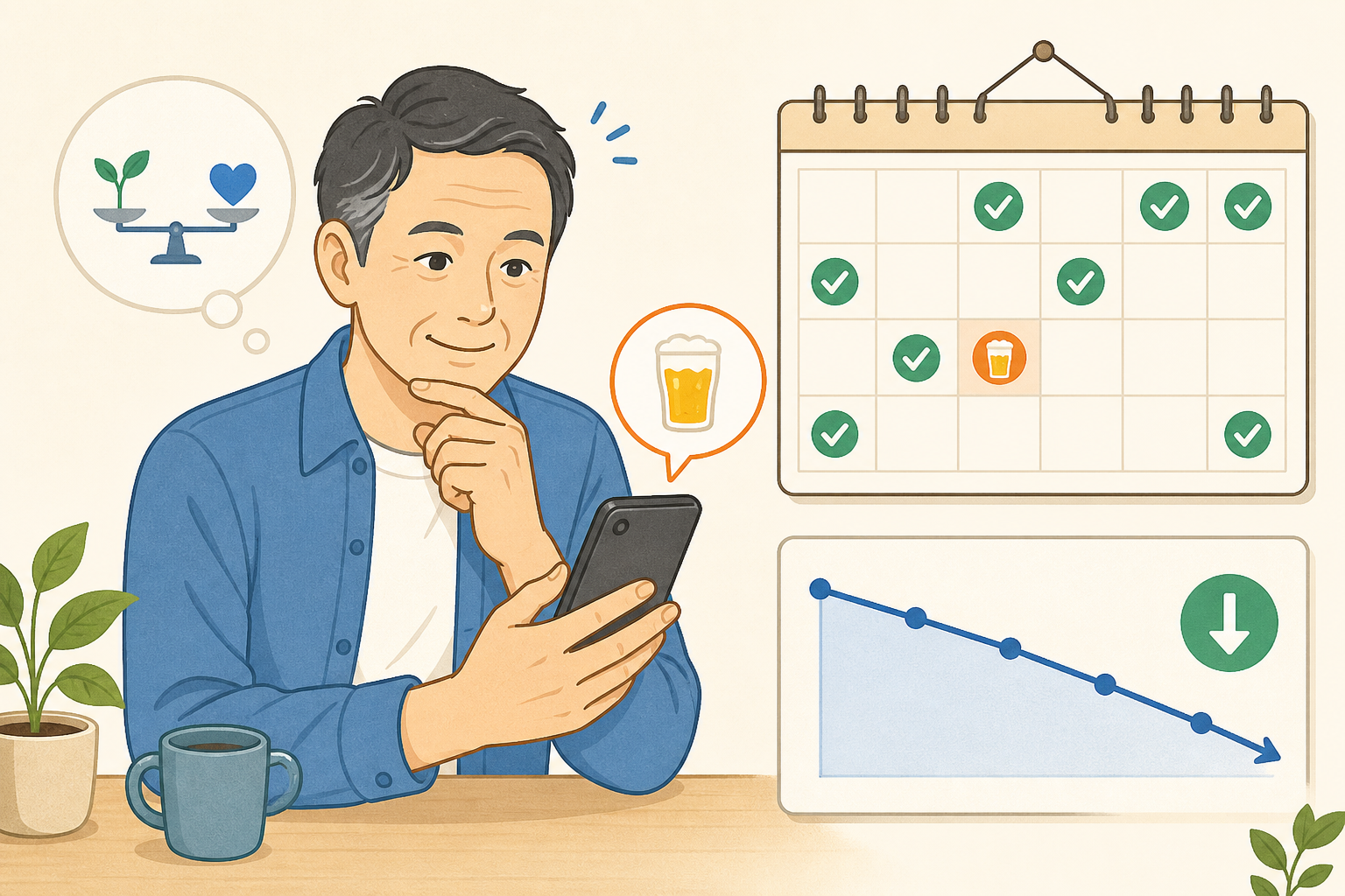 スマートフォンで飲酒量を記録し、休肝日をカレンダーで確認する男性のイラスト