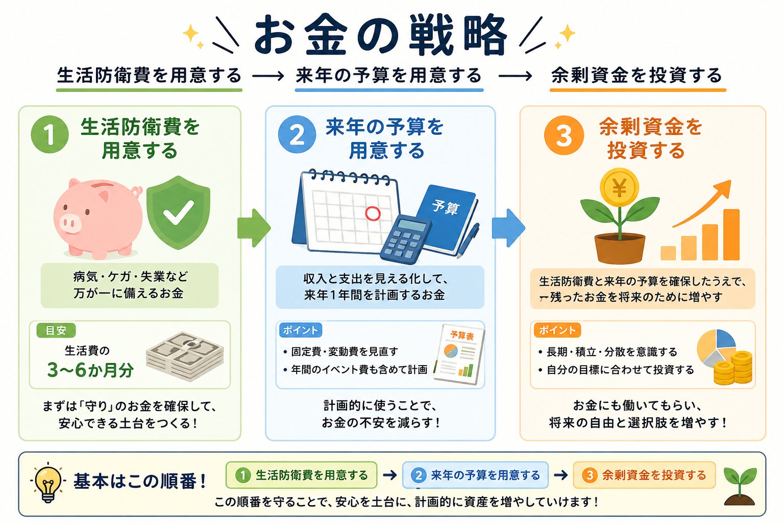 お金の戦略：①生活防衛費を用意する→②来年の予算を用意する→③余剰資金を投資する。この順番を守ることで、安心を土台に計画的に資産を増やしていける。