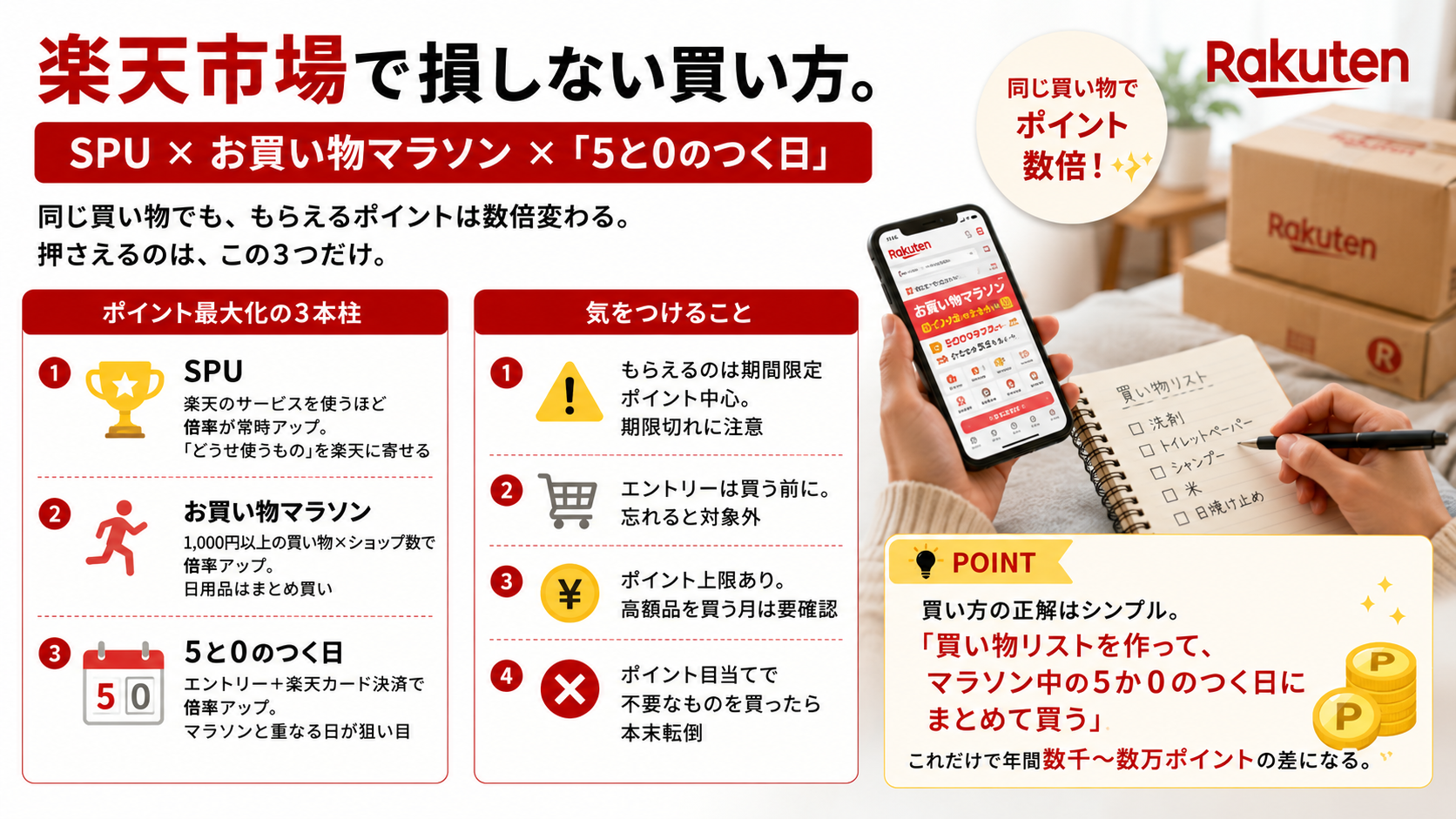 楽天市場で損しない買い方。SPU×お買い物マラソン×「5と0のつく日」を整理する