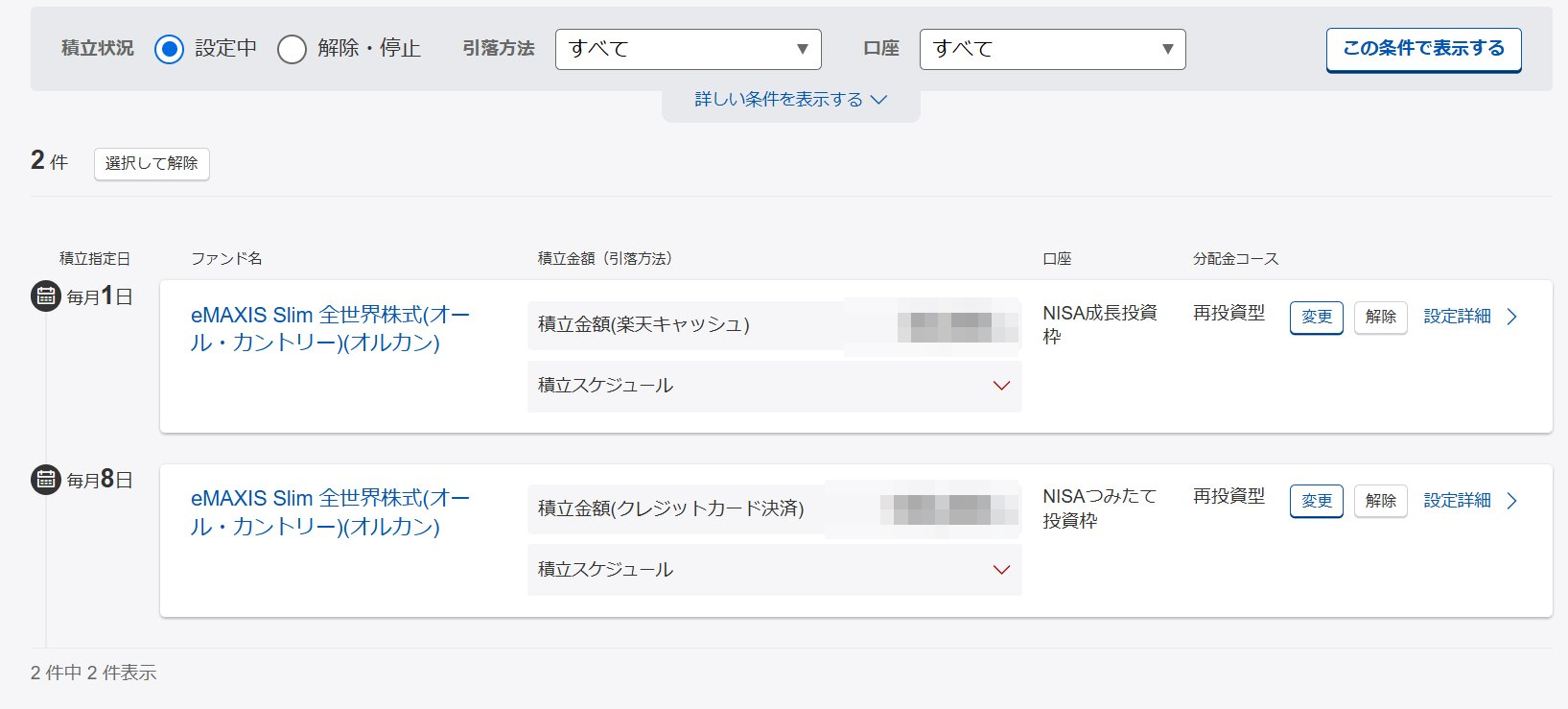 楽天証券の積立設定一覧画面。オルカンをクレジットカード決済（毎月8日・NISAつみたて投資枠）と楽天キャッシュ（毎月1日・NISA成長投資枠）で積立中、いずれも再投資型