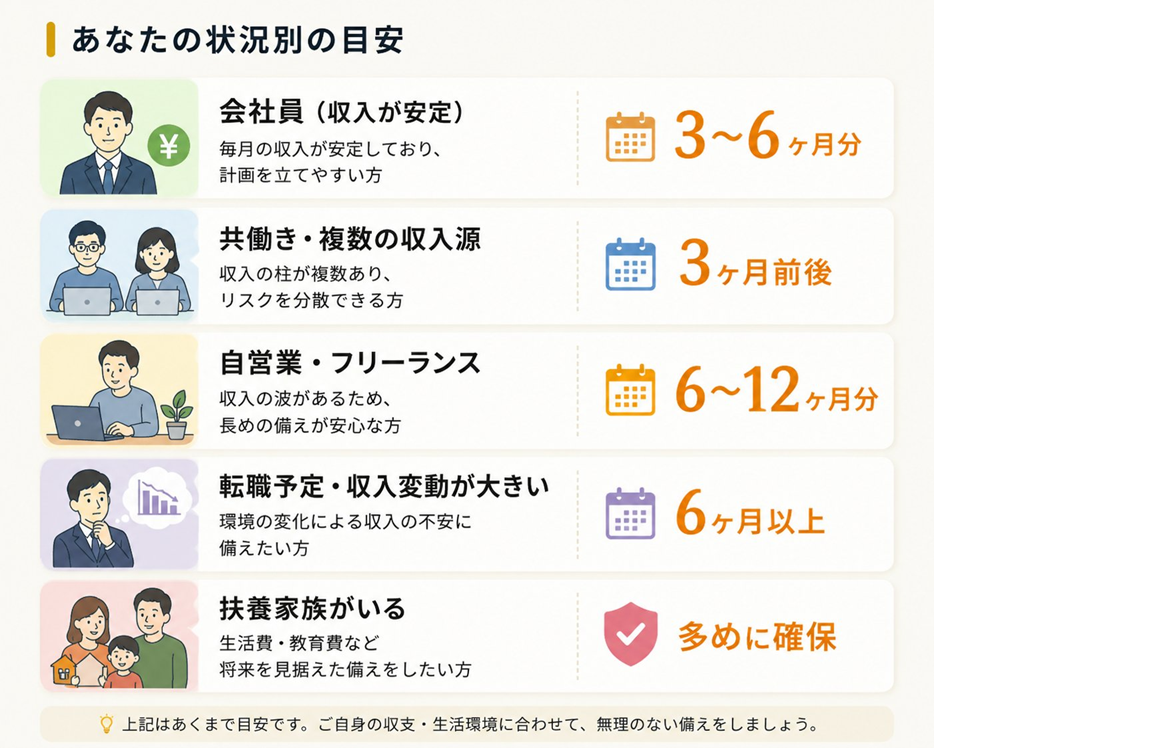 あなたの状況別の生活防衛費の目安：会社員（収入安定）は3〜6ヶ月分、共働き・複数収入源は3ヶ月前後、自営業・フリーランスは6〜12ヶ月分、転職予定・収入変動が大きい人は6ヶ月以上、扶養家族がいる人は多めに確保。